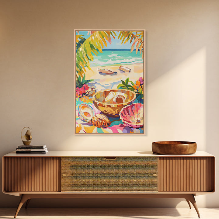 Tropical Seashell Bowl Canvas Print, Coastal Wall Art, Beach House Decor, Ocean Art Print, Summer Living Room Decor, Gift For Her