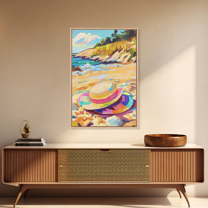 Striped Beach Hat On Shore Canvas Print, Coastal Wall Art, Summer Beach House Decor, Ocean Landscape Art, Gift For Her, Seaside Wall Decor