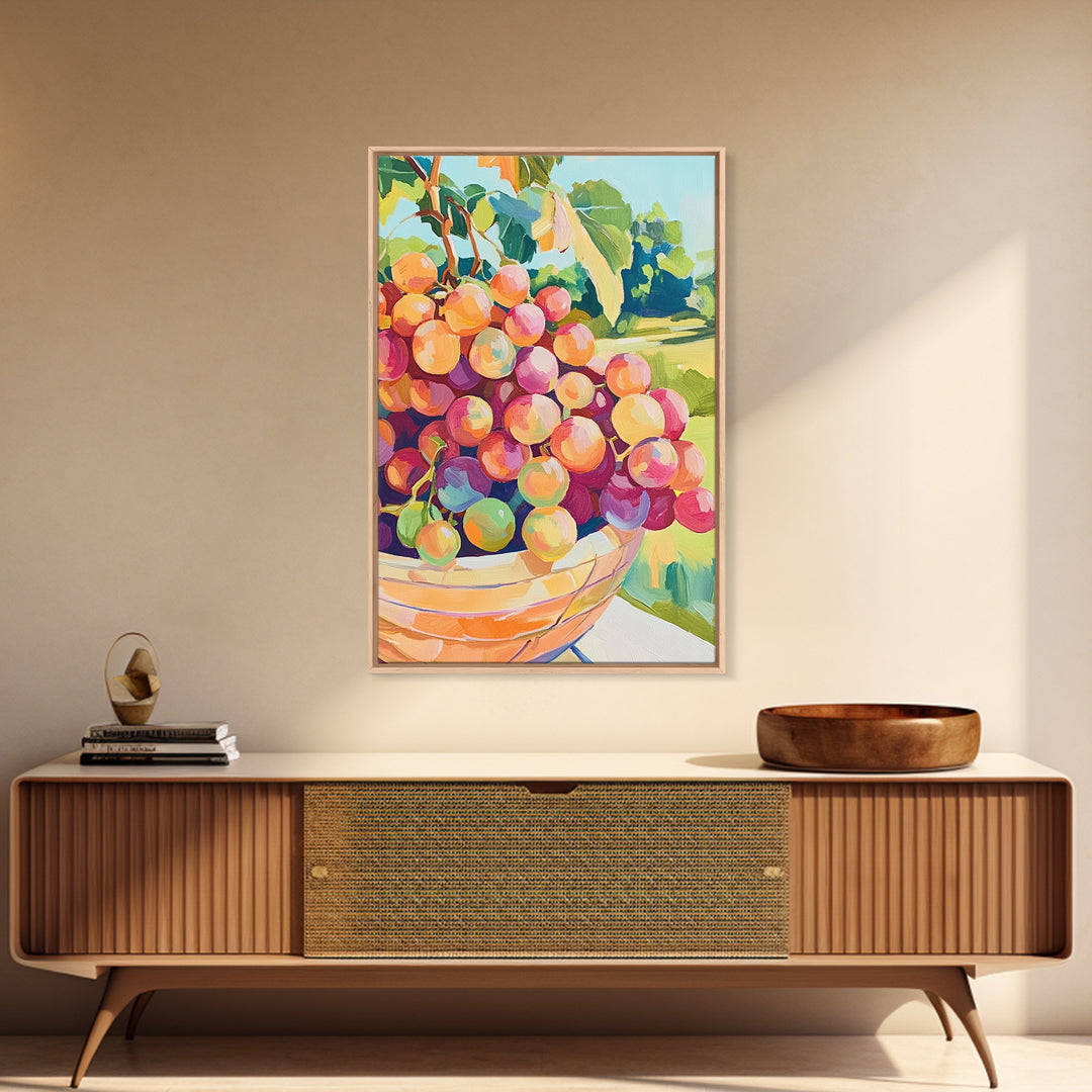 Bowl Of Rosy Grapes Canvas Print, Colorful Kitchen Wall Art, Vineyard Fruit Painting, Dining Room Decor, Housewarming Gift