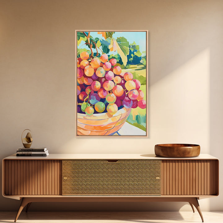 Bowl Of Rosy Grapes Canvas Print, Colorful Kitchen Wall Art, Vineyard Fruit Painting, Dining Room Decor, Housewarming Gift