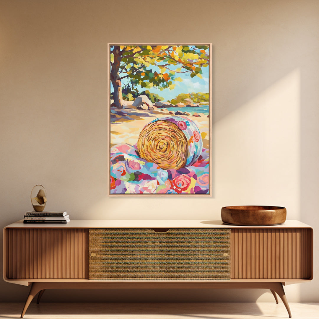 Floral Straw Hat On Sunny Beach Wall Art, Coastal Canvas Print, Tropical Seascape, Beach House Decor, Summer Gift For Her