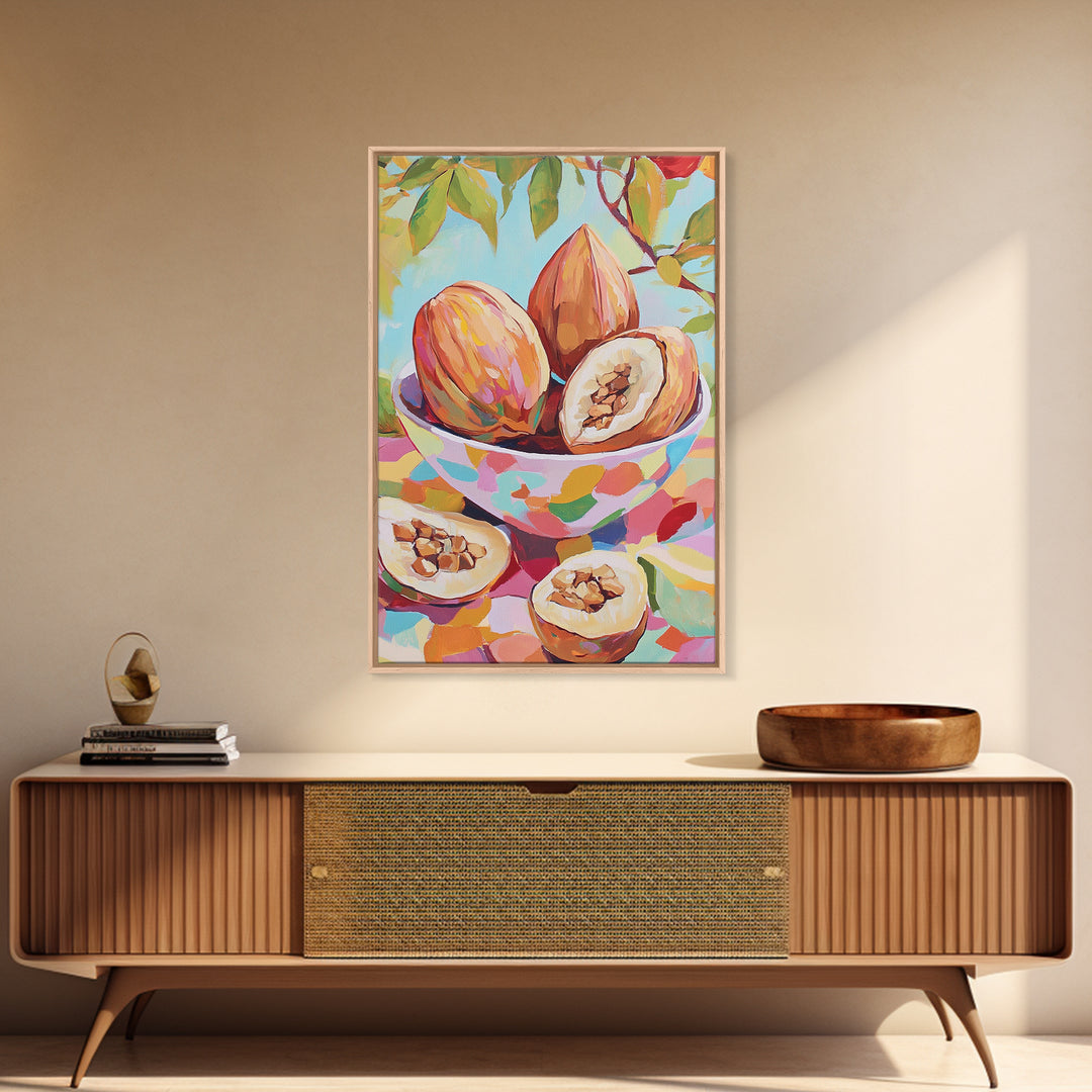 Tropical Cacao Pods In Painted Bowl Wall Art, Colorful Kitchen Canvas Print, Botanical Fruit Still Life, Foodie Home Decor