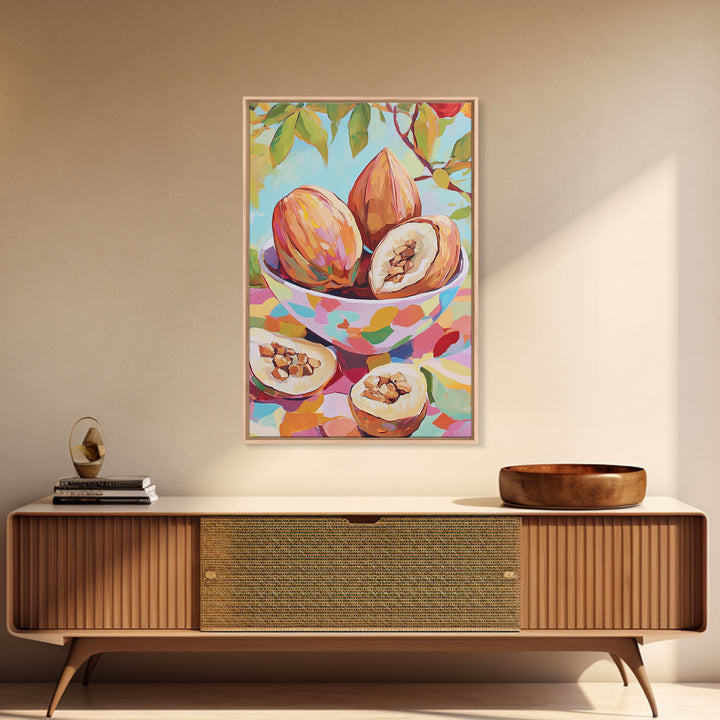 Tropical Cacao Pods In Painted Bowl Wall Art, Colorful Kitchen Canvas Print, Botanical Fruit Still Life, Foodie Home Decor