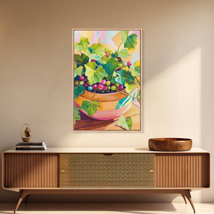 Grapes And Ivy In Ceramic Bowl Canvas Print, Colorful Kitchen Wall Art, Fruit Still Life, Winery Decor, Dining Room Prints