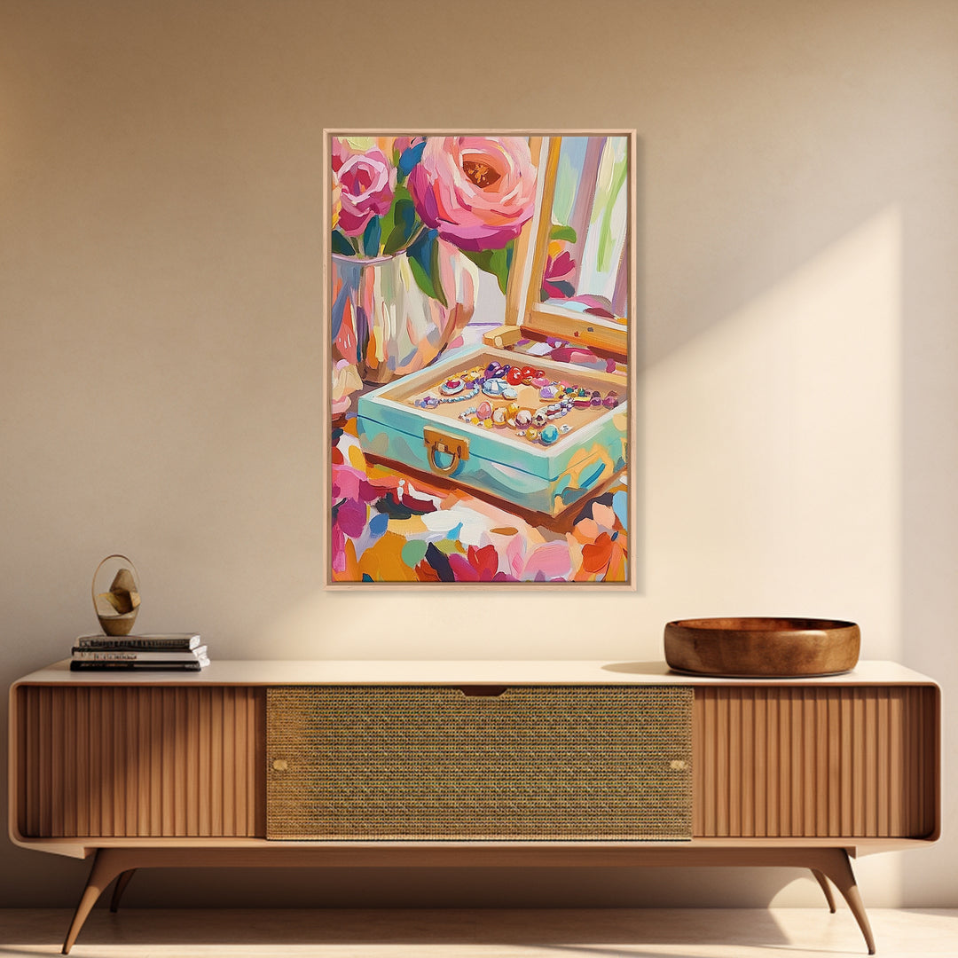 Pink Roses Jewelry Box With Rings Framed Canvas Print, Feminine Vanity Wall Art, Coquette Bedroom Decor, Romantic Gift For Her