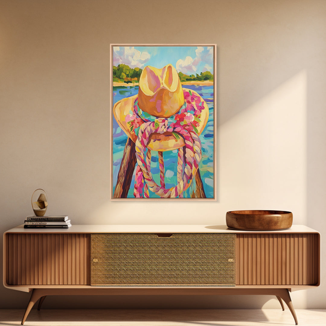 Cowgirl Hat And Rope By Lake Framed Canvas Print, Western Wall Art For Coastal Cowgirl Decor And Rustic Home Decor, Living Room Wall Decor