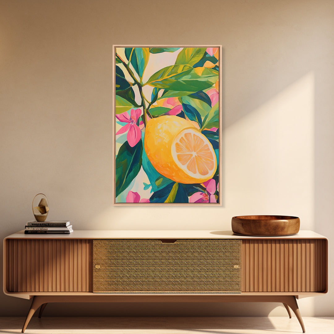 Bright Lemon Branch With Pink Blossoms Wall Art, Botanical Canvas Print For Kitchen Decor, Coastal Home Decor And Gift For Her
