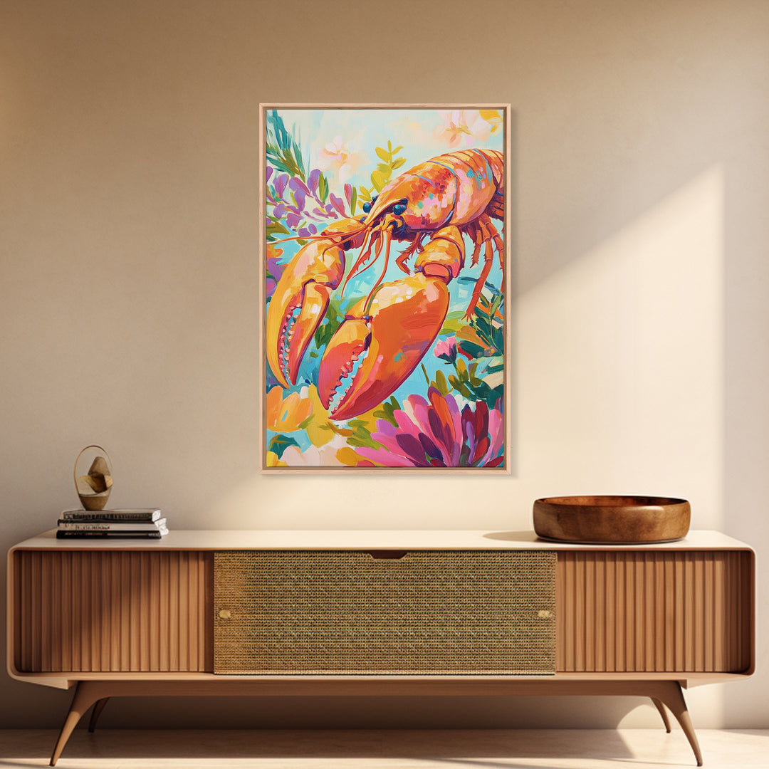 Vibrant Lobster With Garden Florals Canvas Print, Coastal Wall Art, Seafood Wall Decor, Tropical Kitchen Decor, Gift For Her