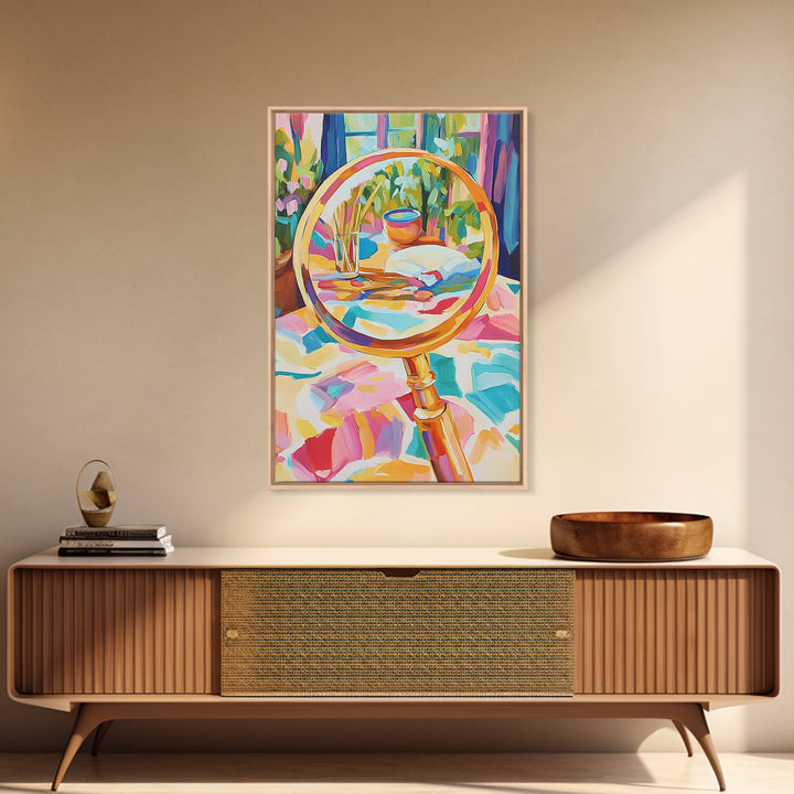 Gold Magnifying Glass With Garden View Canvas Print, Eclectic Wall Art, Botanical Wall Decor, Colorful Still Life Art Print
