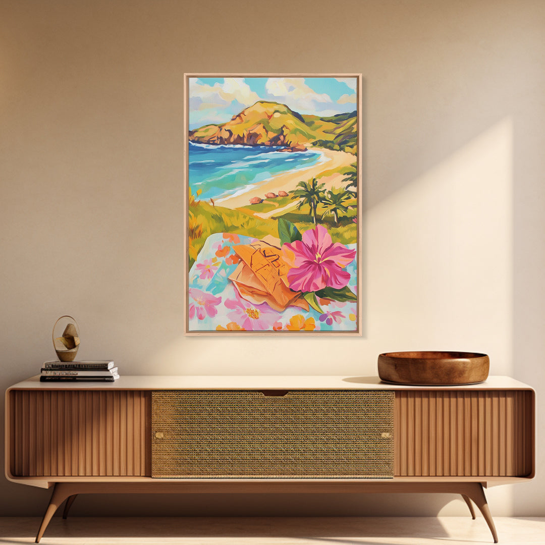 Tropical Beach View With Hibiscus Canvas Print, Coastal Wall Art, Ocean Wall Decor, Summer Landscape, Beach House Decor Gift