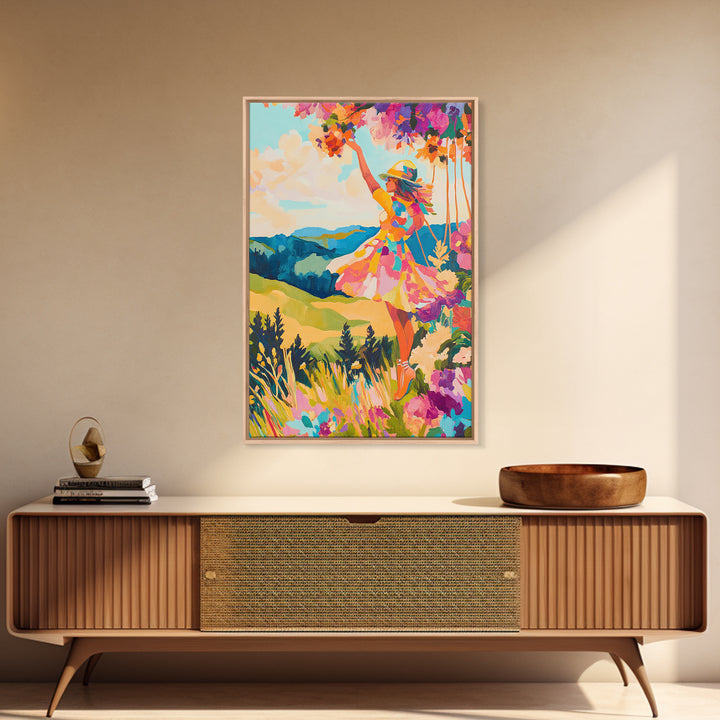 Joyful Woman In Mountain Flower Meadow Framed Canvas Print, Colorful Wall Art, Feminine Art, Landscape Art, Gift For Her