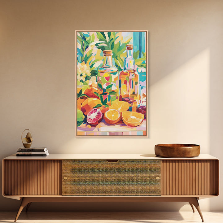 Sunlit Citrus Bottles And Tropical Fruit Canvas Print, Coastal Kitchen Wall Art, Colorful Still Life Dining Room Decor Gift