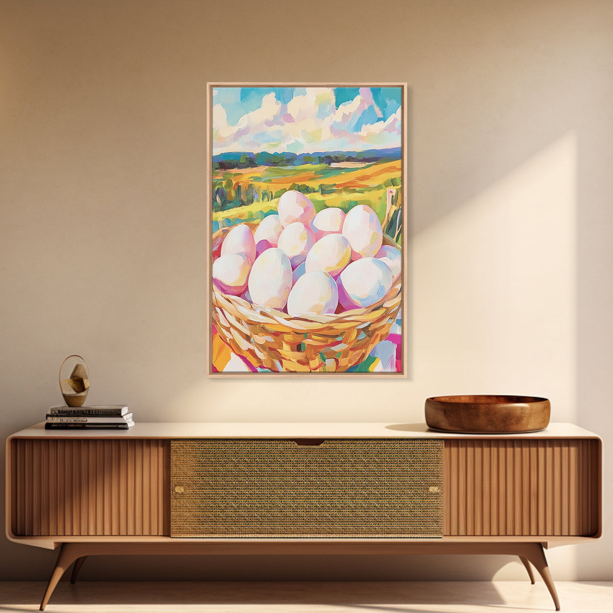 Farm Fresh Eggs In Wicker Basket Wall Art, Country Landscape Canvas Print, Rustic Farmhouse Kitchen Decor, Housewarming Gift