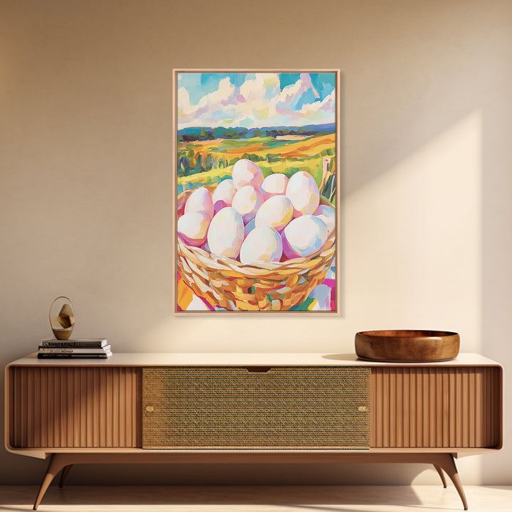 Farm Fresh Eggs In Wicker Basket Wall Art, Country Landscape Canvas Print, Rustic Farmhouse Kitchen Decor, Housewarming Gift