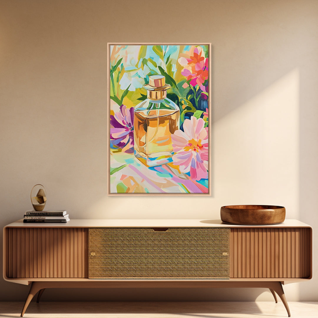 Golden Perfume Bottle With Pink Flowers Framed Canvas Print, Feminine Wall Art, Bathroom Decor, Floral Home Decor, Gift For Her