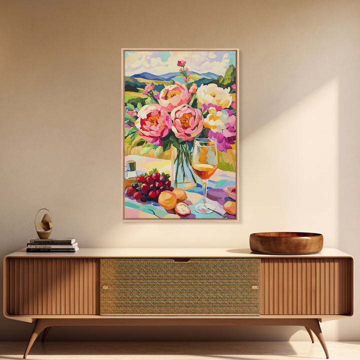 Pink Peony Bouquet With Wine And Grapes Canvas Print, French Country Kitchen Decor, Floral Wall Art, Housewarming Gift For Her