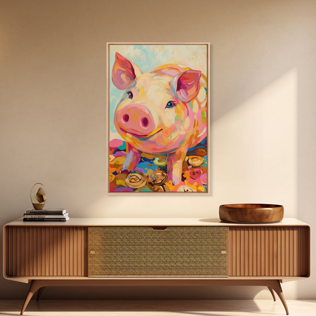 Smiling Pink Pig With Golden Coins Canvas Print, Cute Farm Animal Wall Art, Playful Nursery Decor, Whimsical Gift For Kids