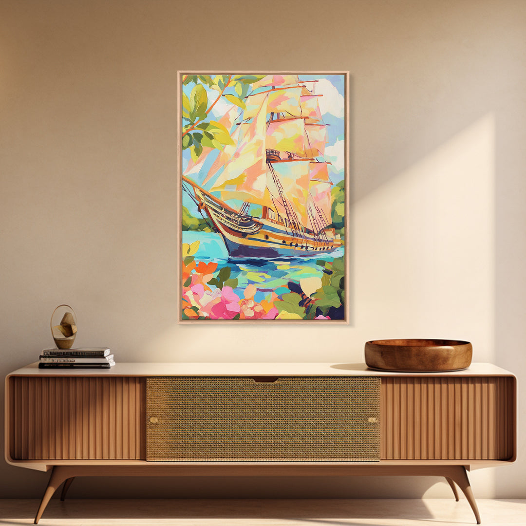 Tall Ship In Blooming Harbor Canvas Print, Nautical Sailboat Painting, Coastal Wall Art, Beach House Decor Gift For Her Home