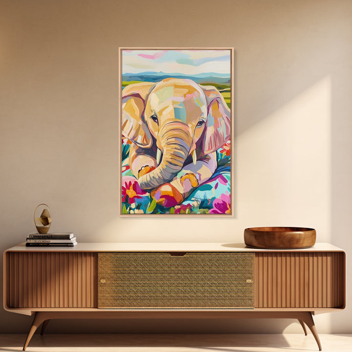 Baby Elephant With Flowers Canvas Print, Whimsical Animal Wall Art, Nursery Decor, Safari Nursery Art, Kids Room Decor, Gift