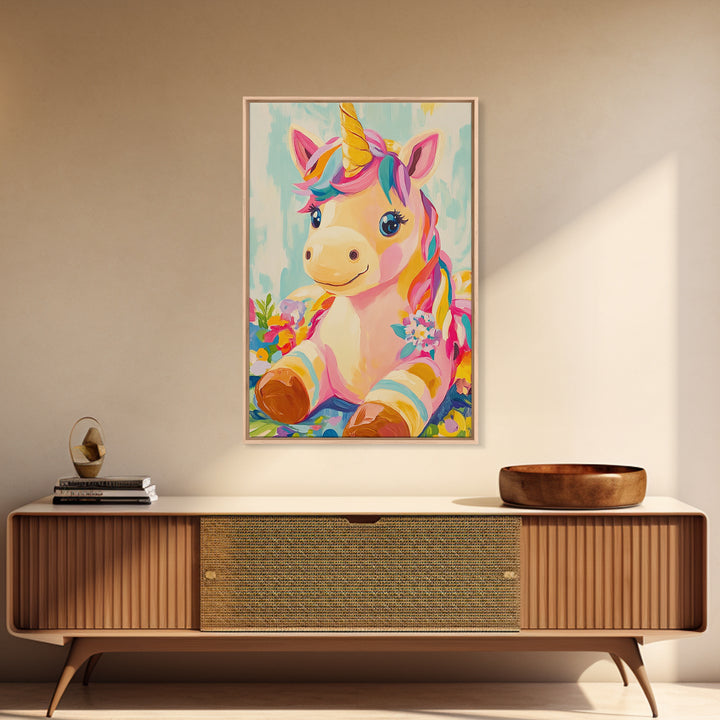 Cute Unicorn With Rainbow Mane Canvas Print, Whimsical Nursery Wall Art, Kids Room Decor, Baby Girl Nursery, Gift For Her