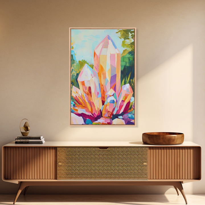 Pastel Crystal Cluster Framed Canvas Print, Celestial Wall Art, Mystical Home Decor, Spiritual Gift, Colorful Art Prints