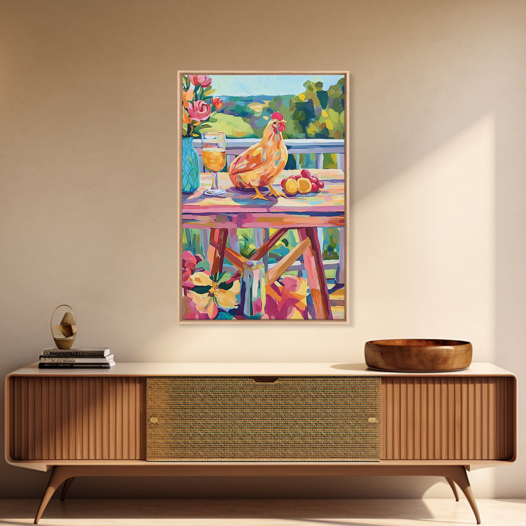 Sunny Chicken Patio Still Life Framed Canvas Print, Farmhouse Kitchen Wall Art, Country Decor, Wine And Fruit Housewarming Gift