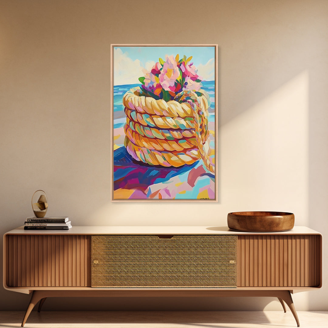 Rope Basket With Pink Beach Flowers Canvas Print, Coastal Wall Art, Beach House Decor, Tropical Ocean Living Room Decor Print