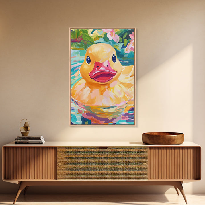 Smiling Yellow Duck In Garden Pond Wall Art, Whimsical Animal Art, Cute Bathroom Decor, Nursery Wall Art Print, Gift For Her