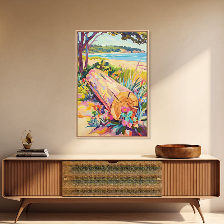 Sunlit Driftwood Log On Beach Wall Art, Coastal Landscape Canvas Print, Ocean Wall Decor, Beach House Art, Nature Wall Art