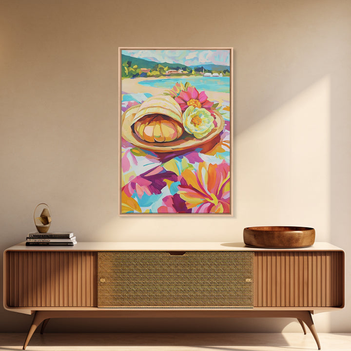 Scallop Shell And Pink Flowers By Turquoise Bay Canvas Print, Coastal Wall Art, Beach House Decor, Summer Kitchen Art, Gift For Her