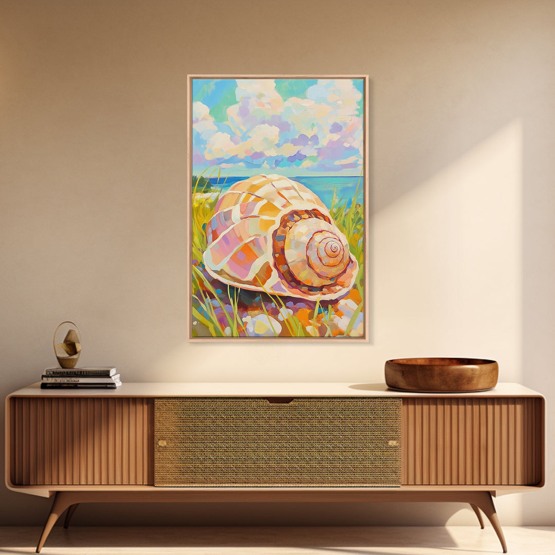 Pastel Conch Shell In Dune Grass Canvas Print, Coastal Wall Art, Beach House Decor, Ocean Wall Art, Summer Home Decor, Gift For Her