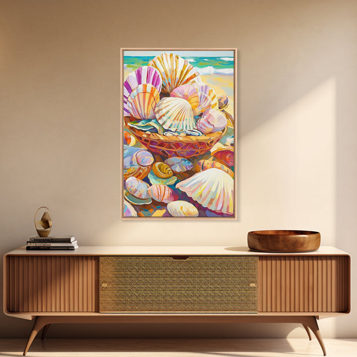 Basket Of Pastel Seashells On Beach Wall Art, Coastal Wall Decor, Beach House Decor, Ocean Art Print, Nautical Home Decor