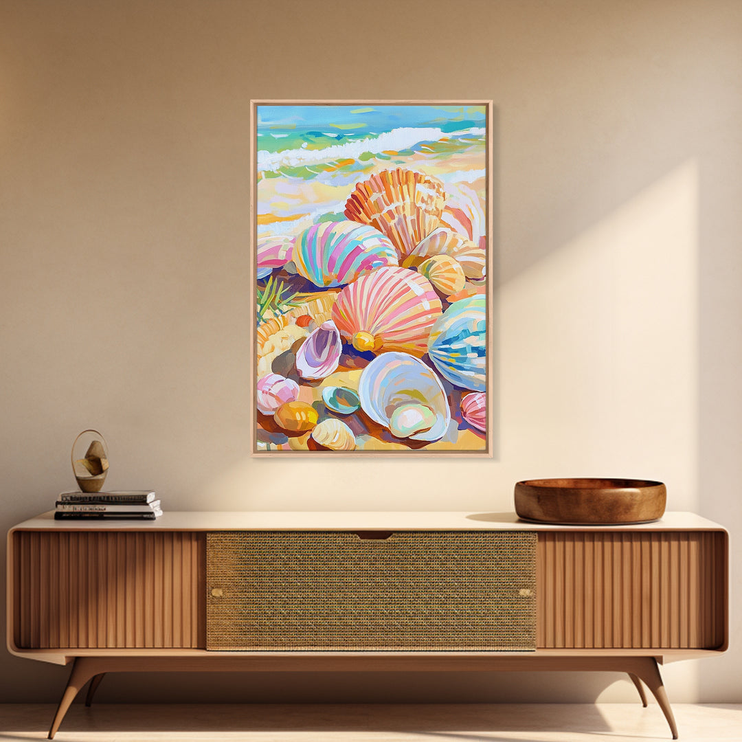 Pastel Seashells Scattered On Sunny Beach Framed Canvas Print, Coastal Wall Art, Ocean Wall Decor, Beach House Gift For Her