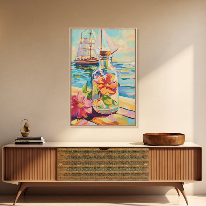 Sailboat And Flower In Glass Bottle Canvas Print, Nautical Wall Art, Coastal Wall Decor, Ocean Art, Beach House Decor, Gift For Her