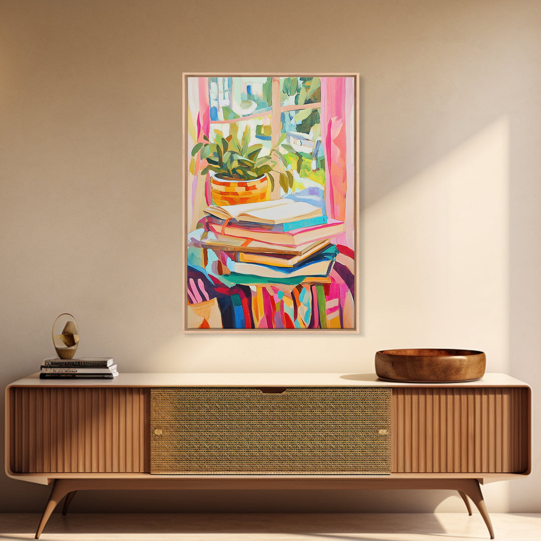 Stacked Books And Window Plant Wall Art, Cozy Reading Nook Decor, Book Lover Gift, Library Wall Art, Home Office Decor Print