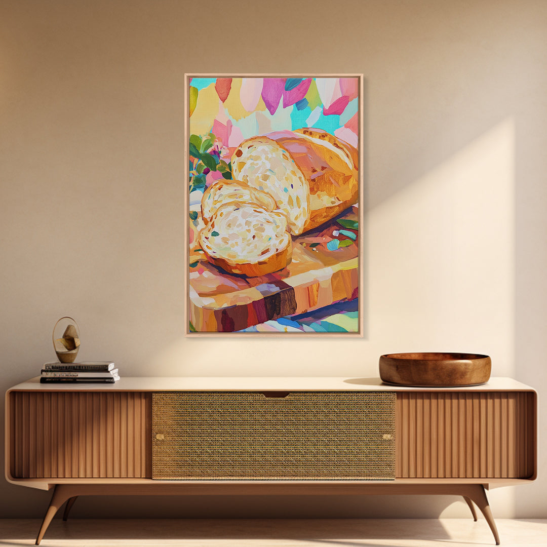 Sliced Artisan Bread On Wooden Board Canvas Print, Kitchen Wall Art, Food Illustration, Rustic Kitchen Decor, Gift For Baker