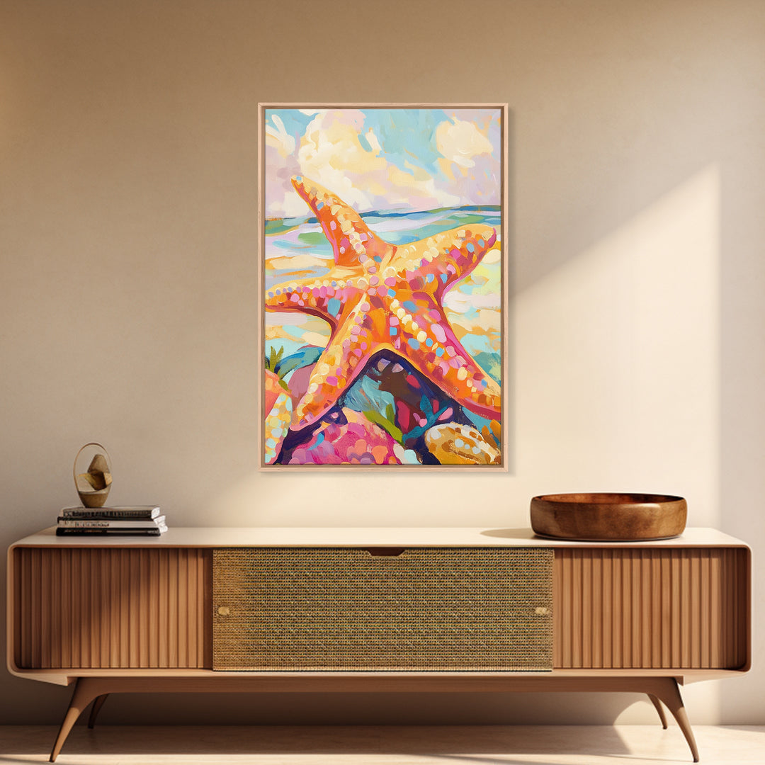Bright Orange Starfish On Sunny Beach Wall Art, Coastal Canvas Print, Ocean Wall Decor, Beach House Gift, Tropical Art, Seaside Decor