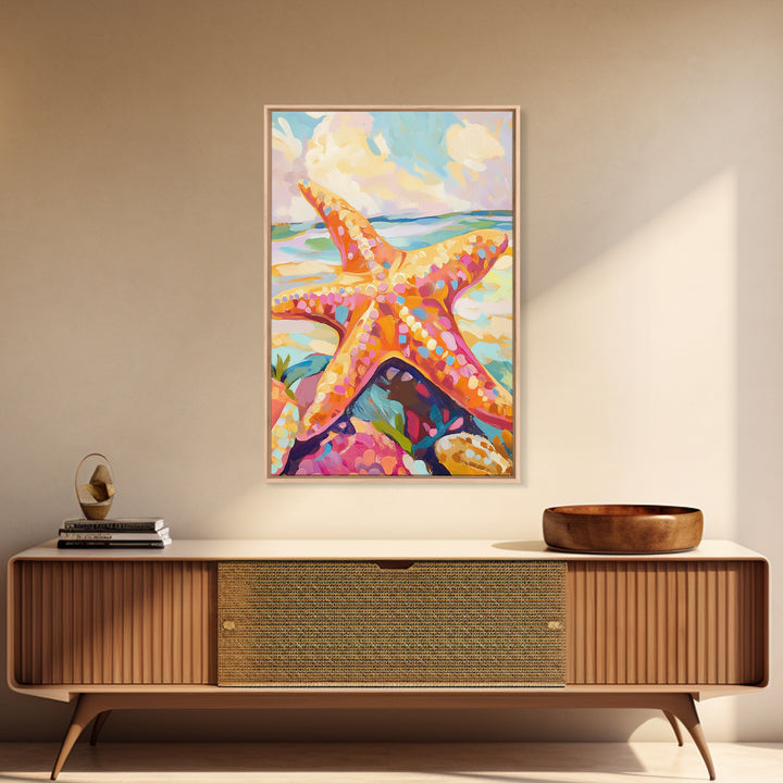 Bright Orange Starfish On Sunny Beach Wall Art, Coastal Canvas Print, Ocean Wall Decor, Beach House Gift, Tropical Art, Seaside Decor