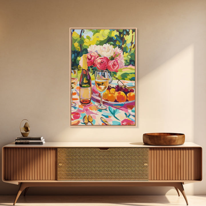 Garden Wine Still Life With Cherries Framed Canvas Print, Dining Room Wall Art, Floral Kitchen Decor, Wine Lover Gift, Hostess Gift
