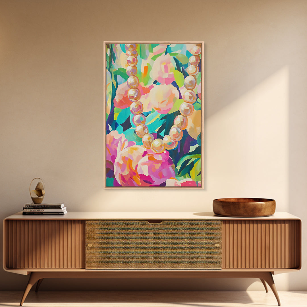 Pearl Necklace On Lush Floral Background Framed Canvas Print, Feminine Wall Art, Coquette Room Decor, Gift For Her, Romantic Bedroom Art
