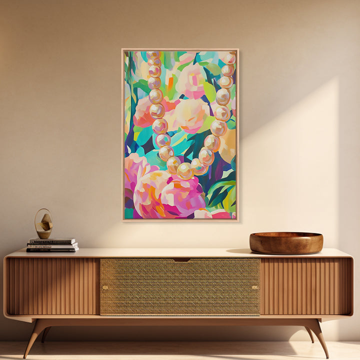 Pearl Necklace On Lush Floral Background Framed Canvas Print, Feminine Wall Art, Coquette Room Decor, Gift For Her, Romantic Bedroom Art