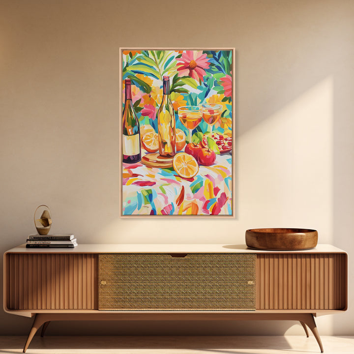 Garden Wine Bottles With Citrus Canvas Print, Colorful Kitchen Wall Art, Dining Room Decor, Wine Lover Housewarming Gift
