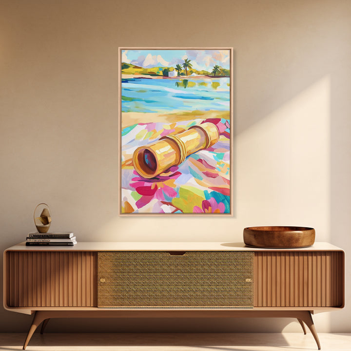 Brass Telescope On Tropical Beach Towel Wall Art, Colorful Coastal Canvas, Summer Travel Decor, Beach House Living Room Print