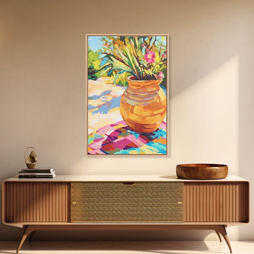 Terracotta Pot With Tropical Garden Plants Framed Canvas Print, Colorful Botanical Wall Art, Boho Patio Decor, Housewarming Gift