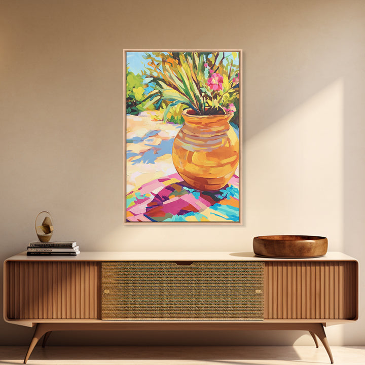 Terracotta Pot With Tropical Garden Plants Framed Canvas Print, Colorful Botanical Wall Art, Boho Patio Decor, Housewarming Gift