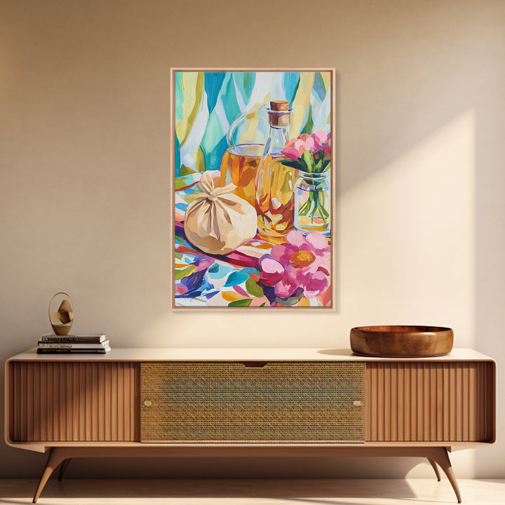 Olive Oil Bottles And Garlic Still Life Canvas Print, Colorful Kitchen Wall Art, Mediterranean Decor, Foodie Housewarming Gift
