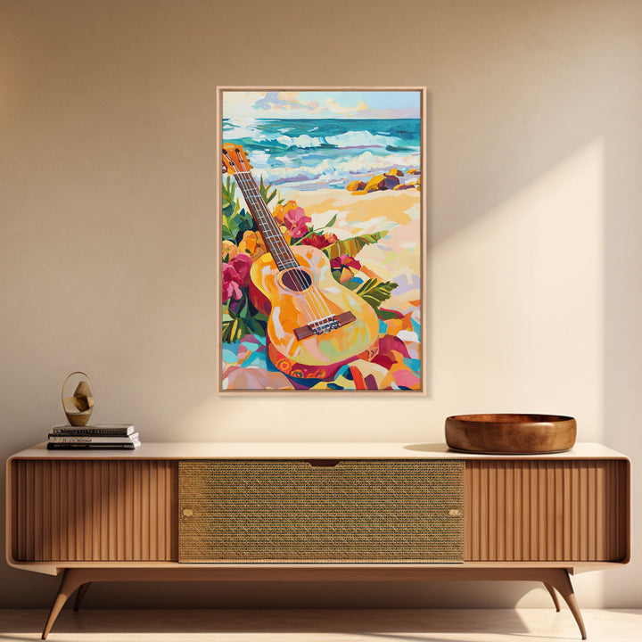 Tropical Guitar On Sunny Beach Canvas Print, Coastal Wall Art, Ocean Music Decor, Beach House Gift For Music Lover, Living Room Wall Art