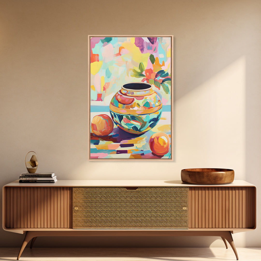 Colorful Ceramic Vase Still Life Wall Art, Fruit And Flower Canvas Print, Eclectic Home Decor, Kitchen Art, Housewarming Gift