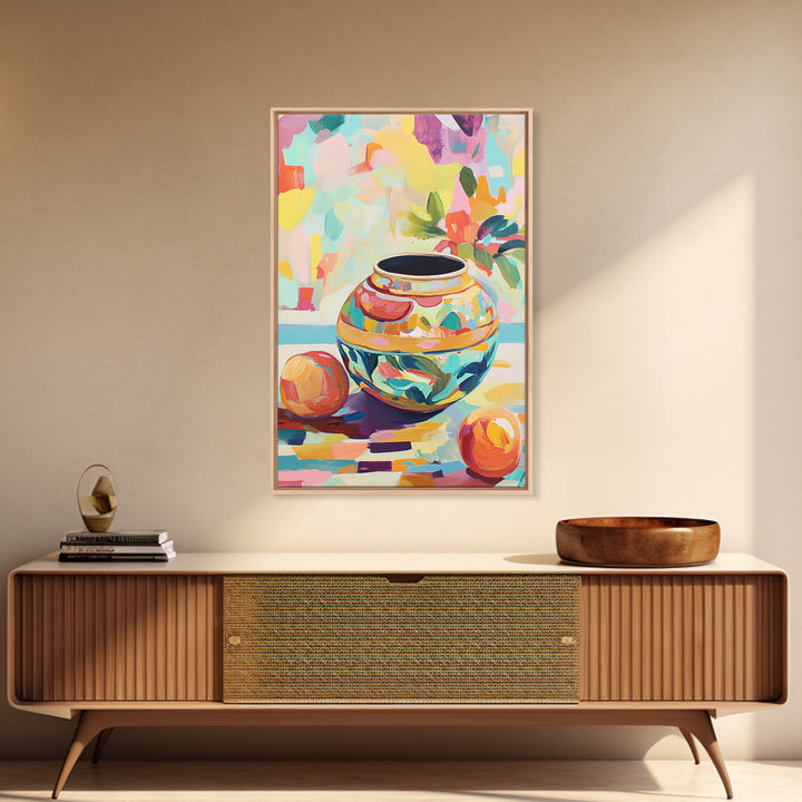 Colorful Ceramic Vase Still Life Wall Art, Fruit And Flower Canvas Print, Eclectic Home Decor, Kitchen Art, Housewarming Gift