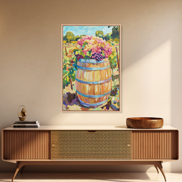 Wine Barrel With Grapes And Hydrangeas Framed Canvas Print, Vineyard Wall Art, Rustic Kitchen Decor, Wine Lover Gift, Home Decor